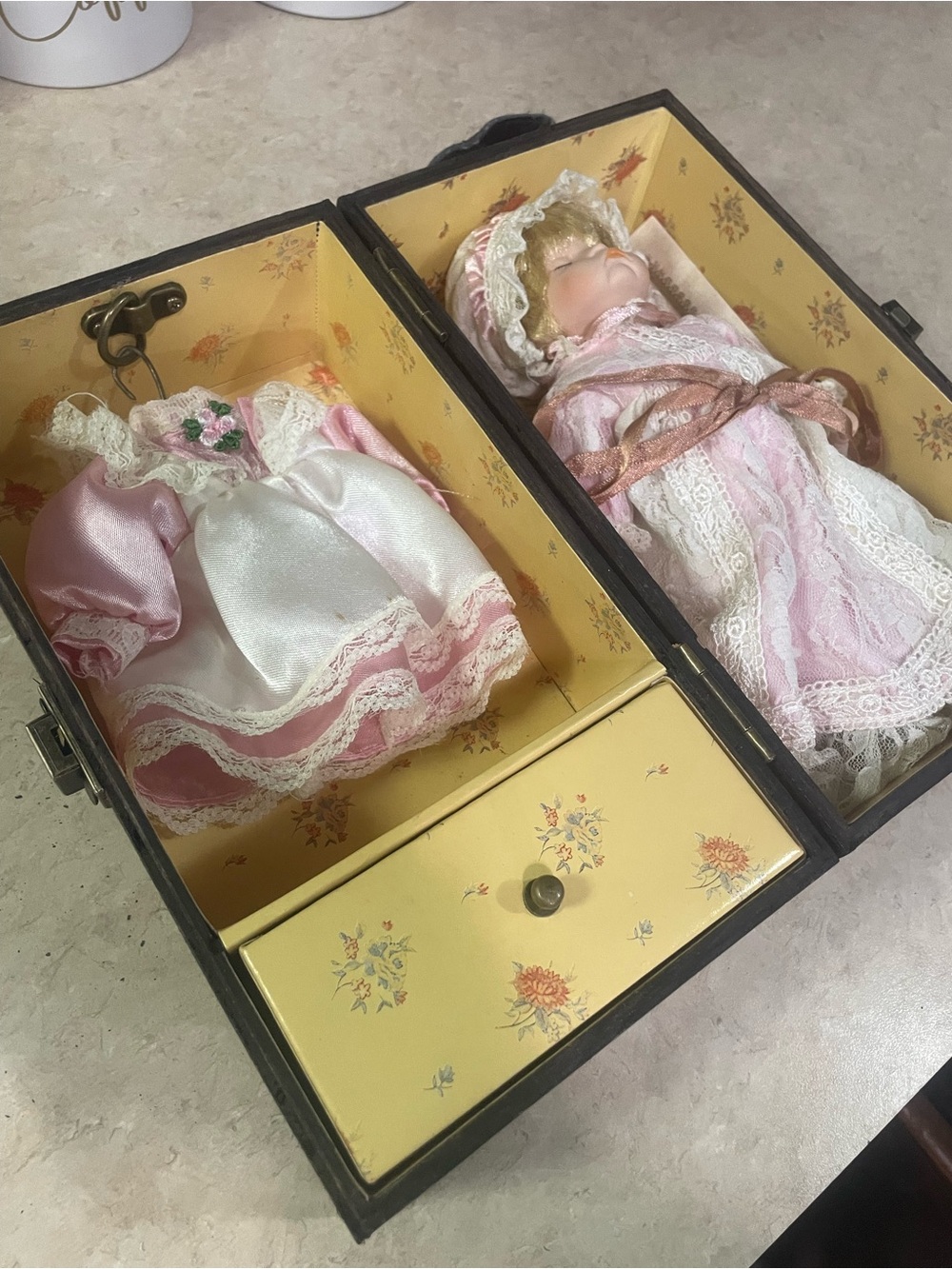 Porcelain Baby Doll Set in Pink and Cream Trunk
